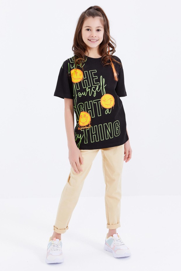 Siyah Oversize Emoji Baskılı O Yaka Düşük Omuz Kız Çocuk T-Shirt - 75042