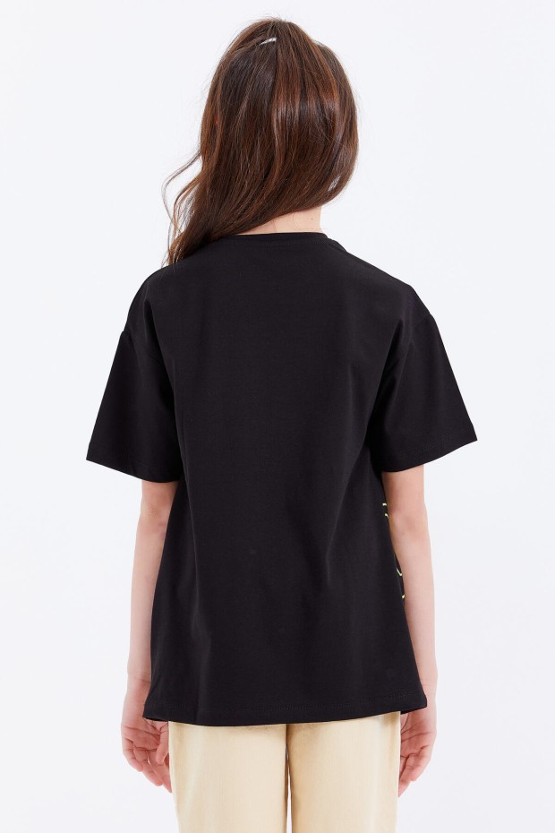 Siyah Oversize Emoji Baskılı O Yaka Düşük Omuz Kız Çocuk T-Shirt - 75042