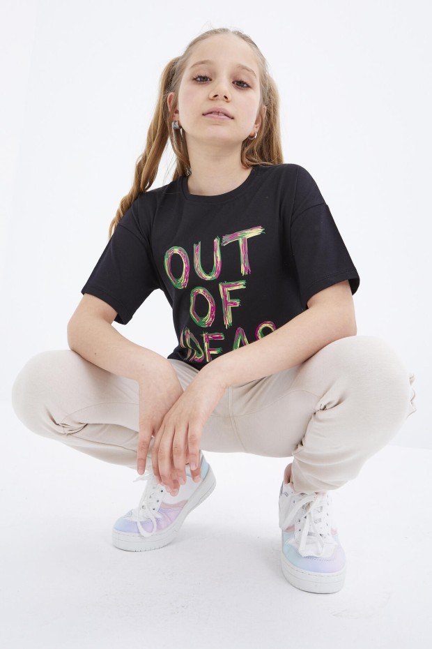 Siyah Oversize Yazı Baskılı O Yaka Düşük Omuz Kız Çocuk T-Shirt - 75028