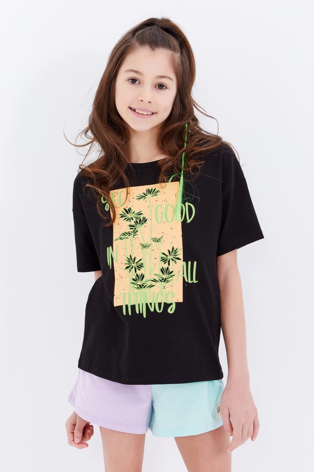 Siyah Oversize Yazı Baskılı O Yaka Düşük Omuz Kız Çocuk T-Shirt - 75032