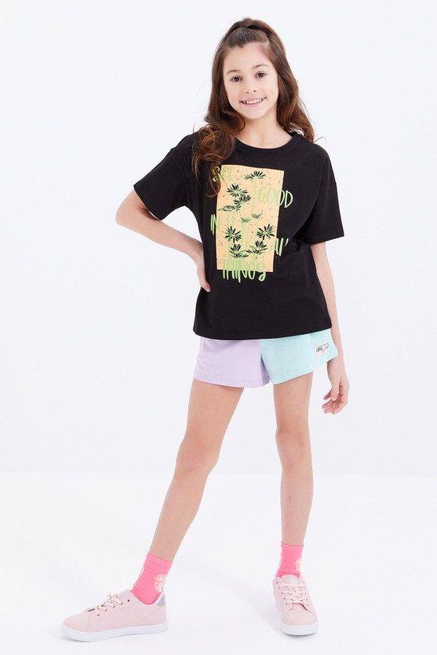 Siyah Oversize Yazı Baskılı O Yaka Düşük Omuz Kız Çocuk T-Shirt - 75032