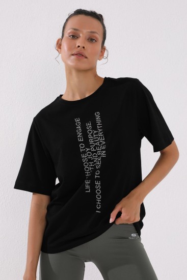 Siyah Pembe Dikey Yazı Baskılı O Yaka Kadın Oversize T-Shirt - 97138 - Thumbnail