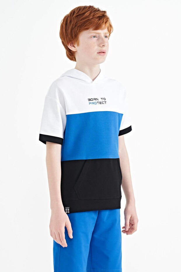 Siyah Renk Bloklu Kanguru Cepli Kapüşonlu Oversize Erkek Çocuk T-Shirt - 11150