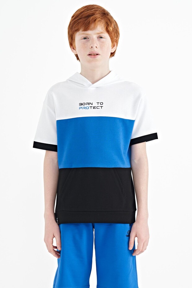 Siyah Renk Bloklu Kanguru Cepli Kapüşonlu Oversize Erkek Çocuk T-Shirt - 11150