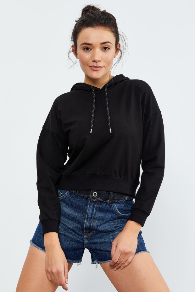 Siyah Uzun Kol Rahat Form Kapüşonlu Kadın Sweatshirt - 97115