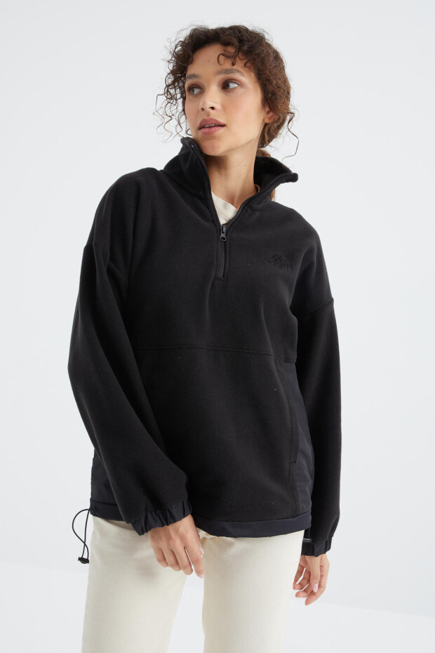 Siyah Yarım Fermuar Etek Ucu Büzgülü Dik Yaka Oversize Kadın Polar Sweatshirt - 97236