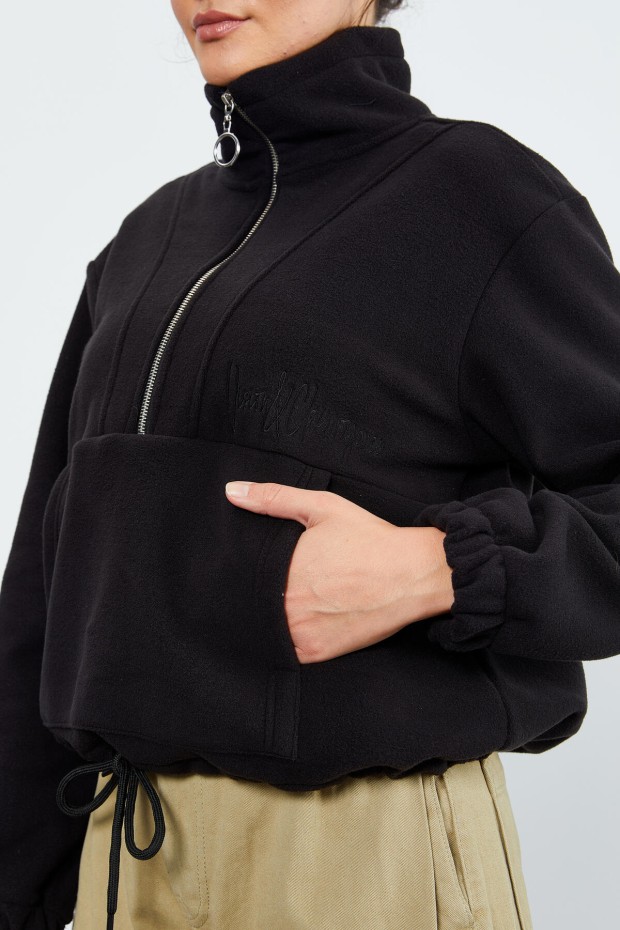 Siyah Yarım Fermuar Etek Ucu Büzgülü Kadın Polar Oversize Sweatshirt - 97171