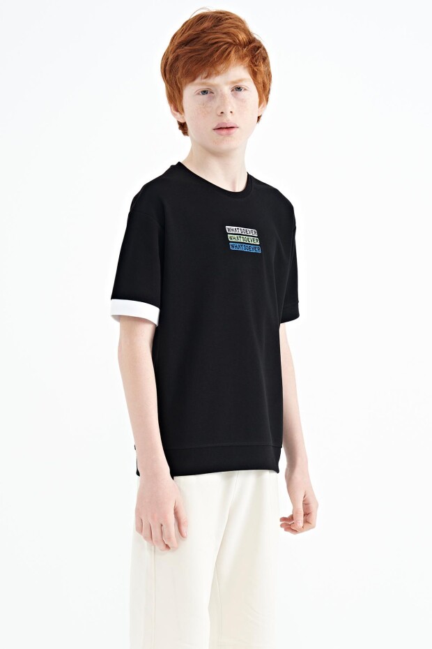Siyah Yazı Nakışlı O Yaka Oversize Erkek Çocuk T-Shirt - 11146