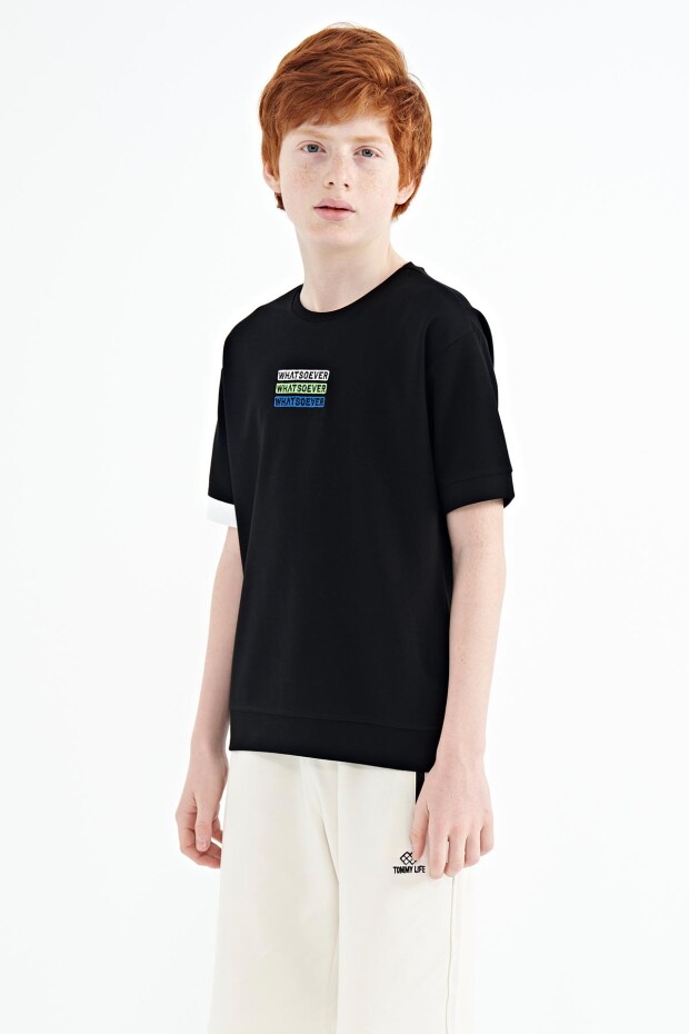 Siyah Yazı Nakışlı O Yaka Oversize Erkek Çocuk T-Shirt - 11146