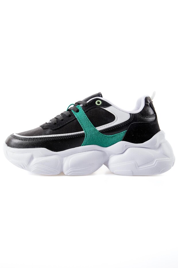 Siyah - Yeşil Yüksek Tabanlı Bağcıklı Renk Geçişli Suni Deri Kadın Spor Ayakkabı - 89206