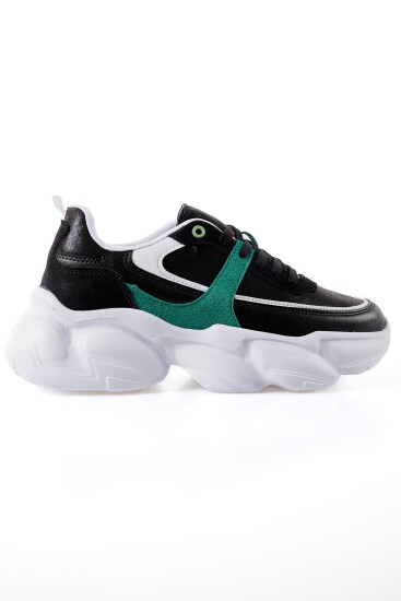 Siyah - Yeşil Yüksek Tabanlı Bağcıklı Renk Geçişli Suni Deri Kadın Spor Ayakkabı - 89206 - Thumbnail
