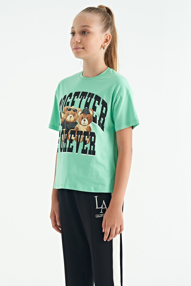 Su Yeşili Ayıcık Baskılı O Yaka Oversize Kısa Kol Kız Çocuk T-Shirt - 75116
