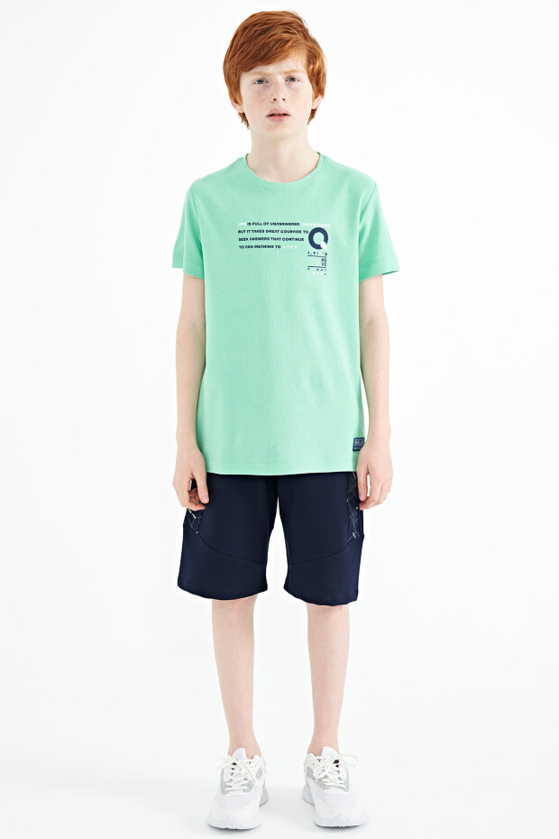 Su Yeşili Baskı Detaylı O Yaka Standart Kalıp Erkek Çocuk T-Shirt - 11145