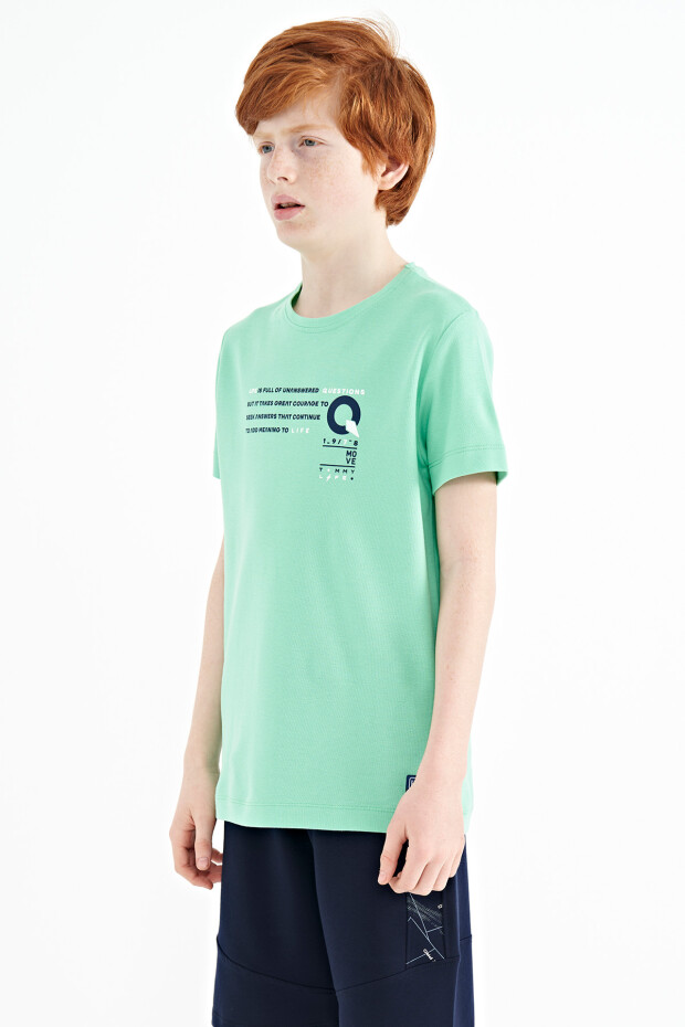 Su Yeşili Baskı Detaylı O Yaka Standart Kalıp Erkek Çocuk T-Shirt - 11145