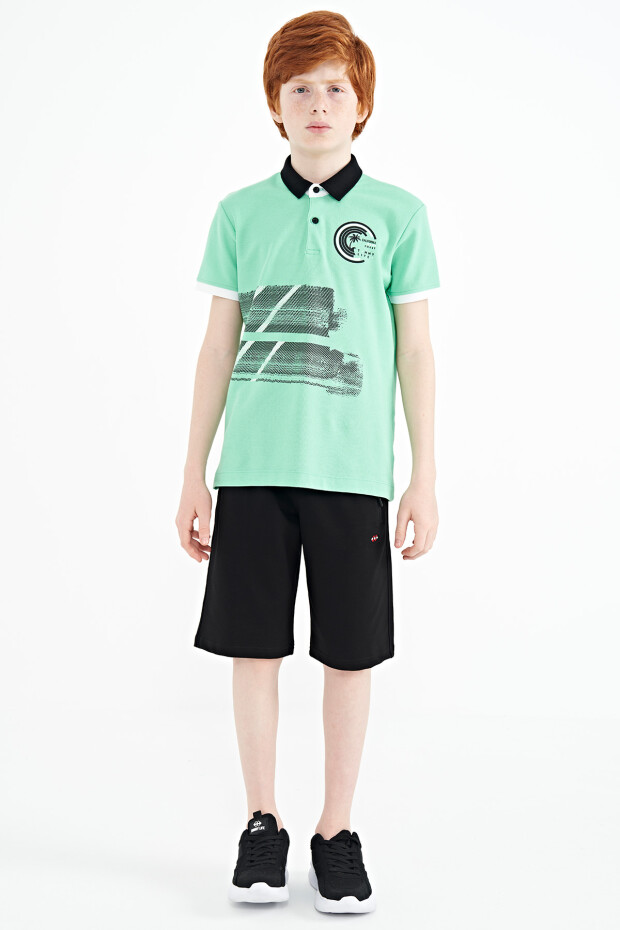 Su Yeşili Baskı Detaylı Polo Yaka Standart Kalıp Erkek Çocuk T-Shirt - 11094