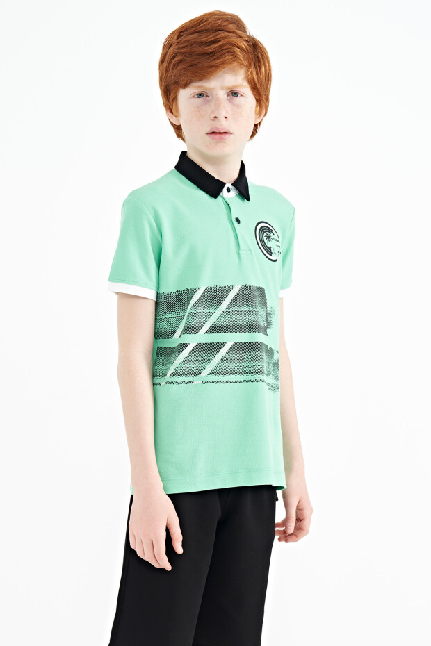 Su Yeşili Baskı Detaylı Polo Yaka Standart Kalıp Erkek Çocuk T-Shirt - 11094