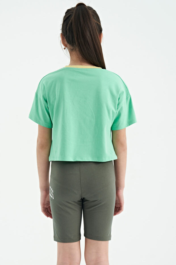 Su Yeşili Renkli Yazı Baskılı O Yaka Oversize Kısa Kollu Kız Çocuk T-Shirt - 75111
