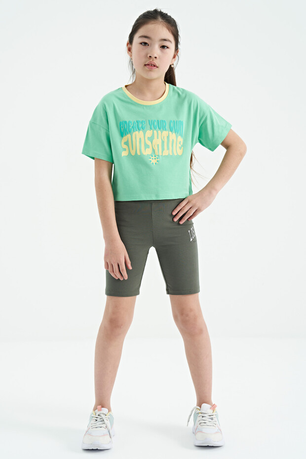 Su Yeşili Renkli Yazı Baskılı O Yaka Oversize Kısa Kollu Kız Çocuk T-Shirt - 75111