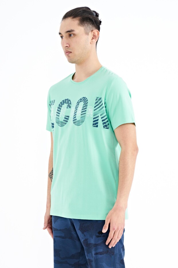 Su Yeşili Yazı Baskı Detaylı O Yaka Standart Kalıp Erkek T-Shirt - 88187