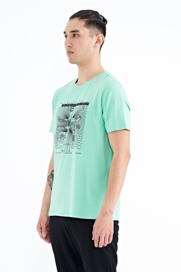 Su Yeşili Yazı Baskılı O Yaka Standart Kalıp Erkek T-shirt - 88170