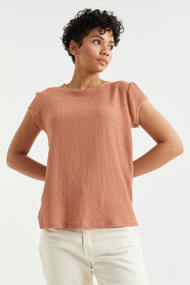 Tarçın Basic Kısa Kol O Yaka Bürümcük Kumaş Kadın T-Shirt - 97225