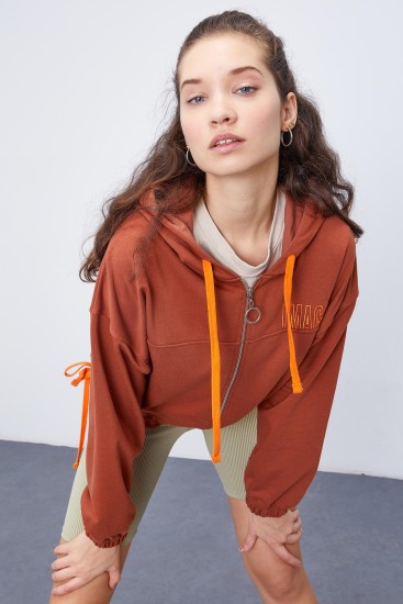 TommyLife - Tarçın Kapüşonlu Renkli Bağcıklı Fermuarlı Kadın Oversize Sweatshirt - 97176