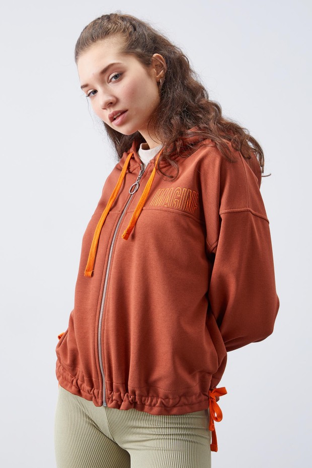 Tarçın Kapüşonlu Renkli Bağcıklı Fermuarlı Kadın Oversize Sweatshirt - 97176
