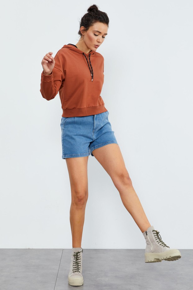 Tarçın Uzun Kol Rahat Form Kapüşonlu Kadın Sweatshirt - 97115