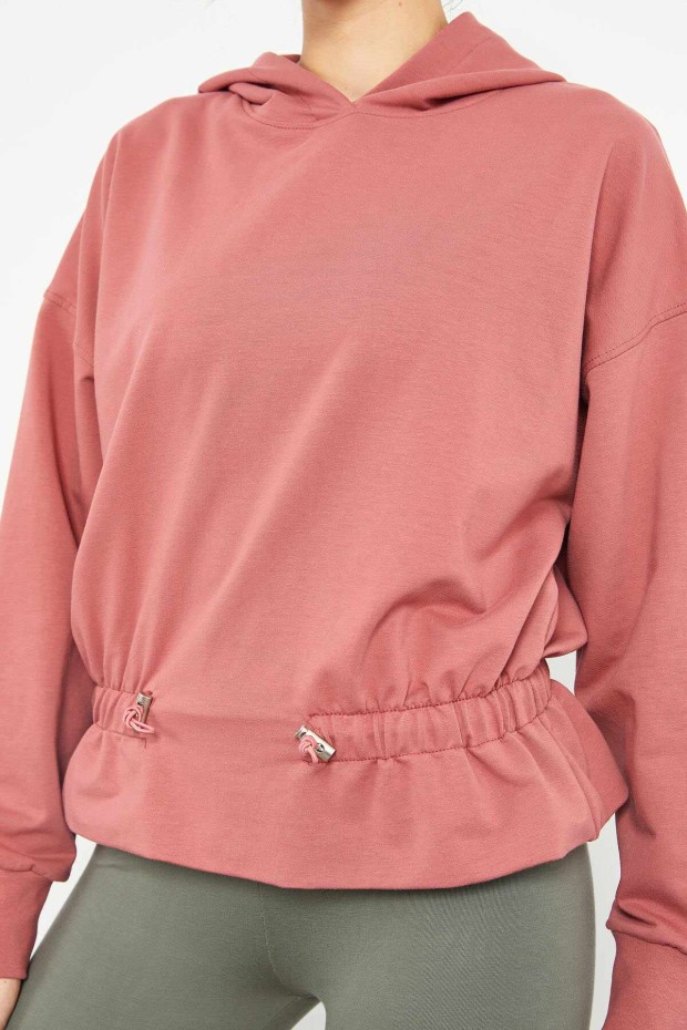 Yaban Gülü Beli Büzgülü Kapüşonlu Kadın Oversize Sweatshirt - 97159