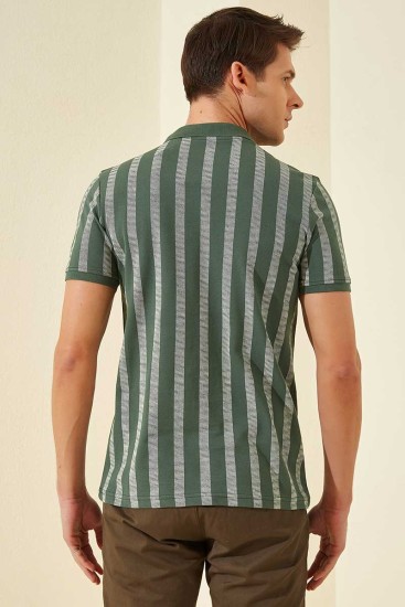 Yeşil Desen Çizgili Standart Kalıp Polo Yaka Erkek T-Shirt - 87805 - Thumbnail