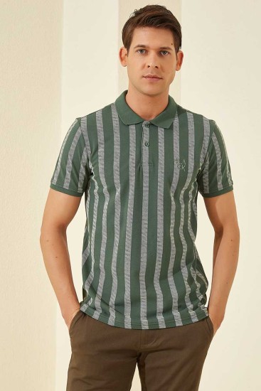 Yeşil Desen Çizgili Standart Kalıp Polo Yaka Erkek T-Shirt - 87805 - Thumbnail