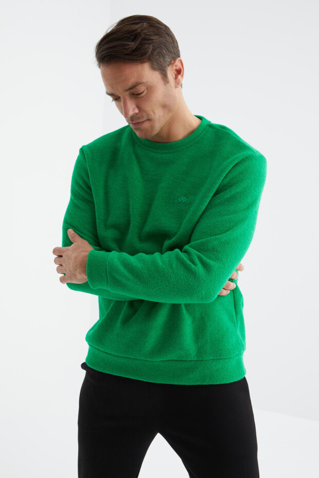 Yeşil O Yaka Basic Rahat Form Erkek Havlu Polar Sweatshirt - 88163