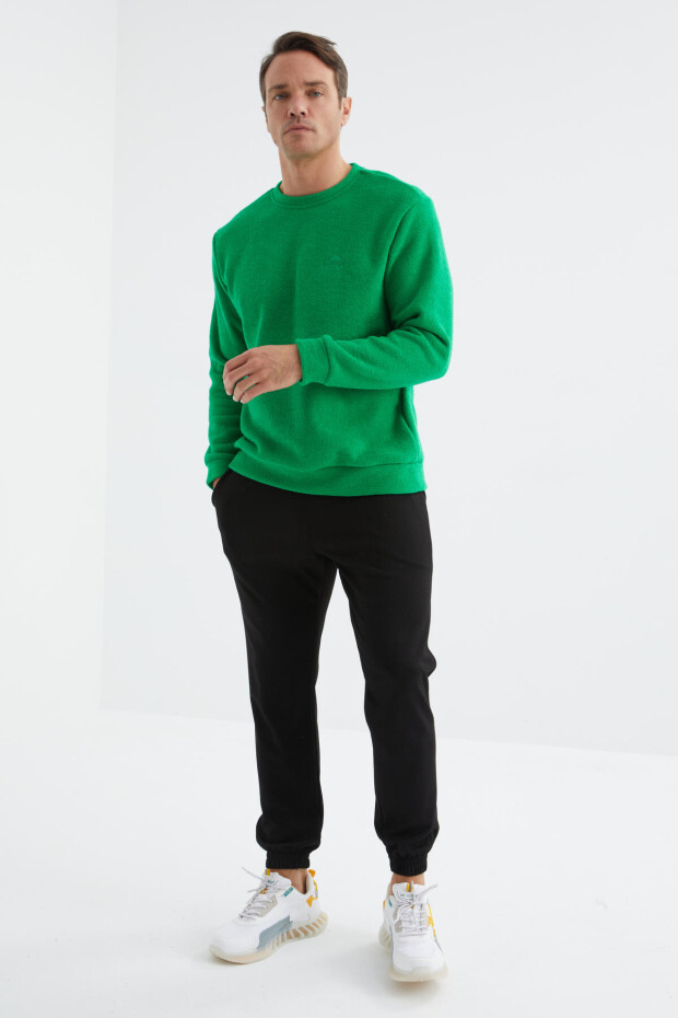 Yeşil O Yaka Basic Rahat Form Erkek Havlu Polar Sweatshirt - 88163