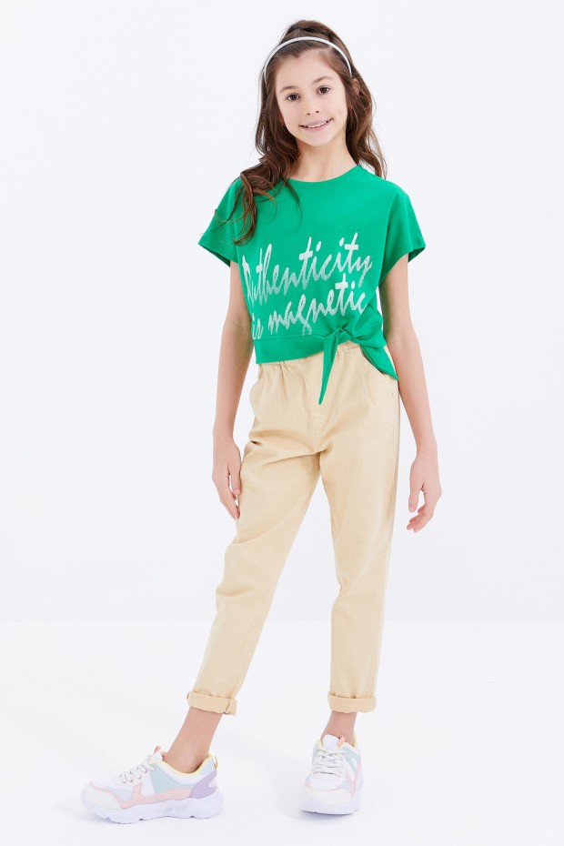Yeşil Oversize Yazı Baskılı Beli Bağlama Detaylı O Yaka Kız Çocuk T-Shirt - 75045