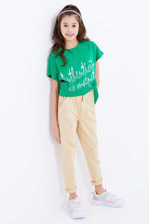 Yeşil Oversize Yazı Baskılı Beli Bağlama Detaylı O Yaka Kız Çocuk T-Shirt - 75045