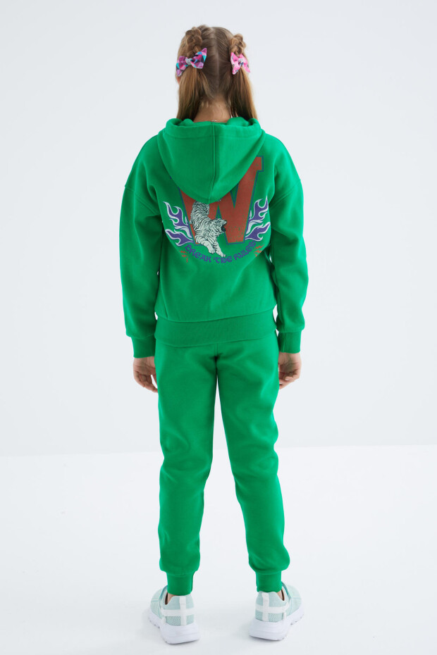 Yeşil Sırt Desen Detaylı Kapüşonlu Oversize Kız Çocuk Eşofman Takım - 75100