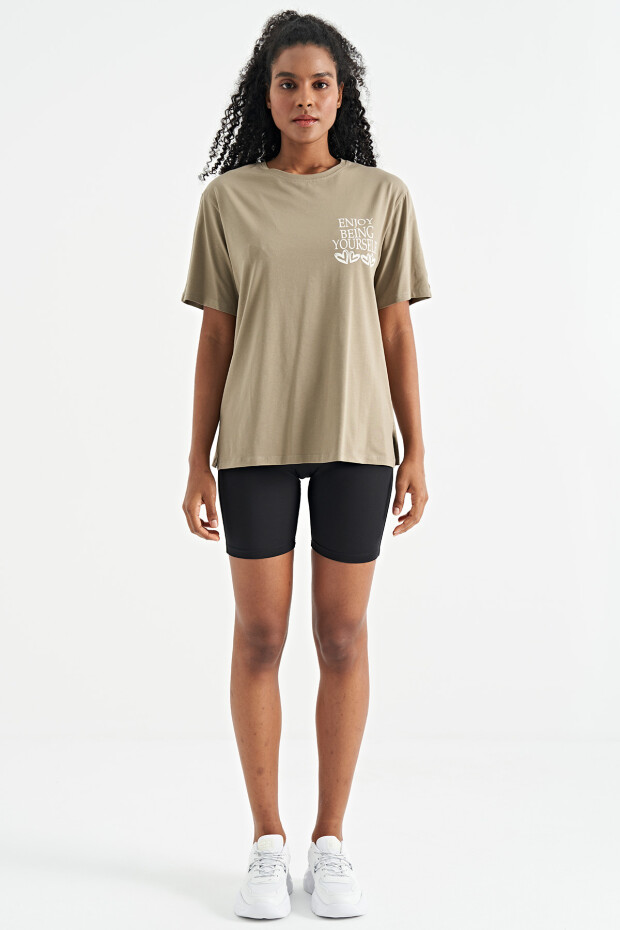 Zeytin Yeşil Ön Arka Baskılı O Yaka Kol Kesikli Oversize Kadın T-Shirt - 02267