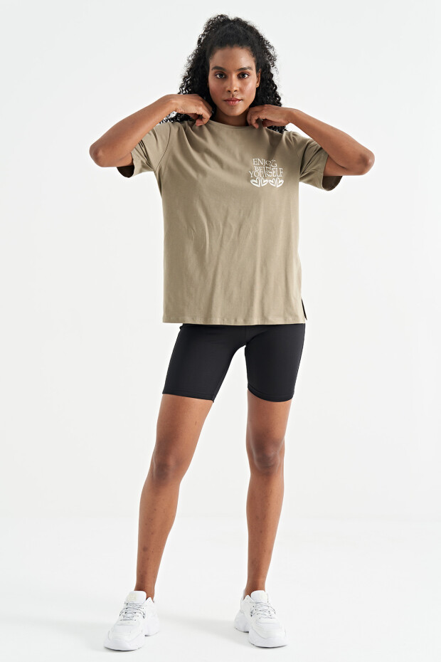 Zeytin Yeşil Ön Arka Baskılı O Yaka Kol Kesikli Oversize Kadın T-Shirt - 02267