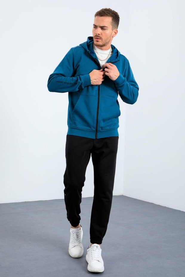 Zümrüt Basic Kapüşonlu Rahat Form Nakış Detaylı Fermuarlı Erkek Sweatshirt - 88035 - Thumbnail