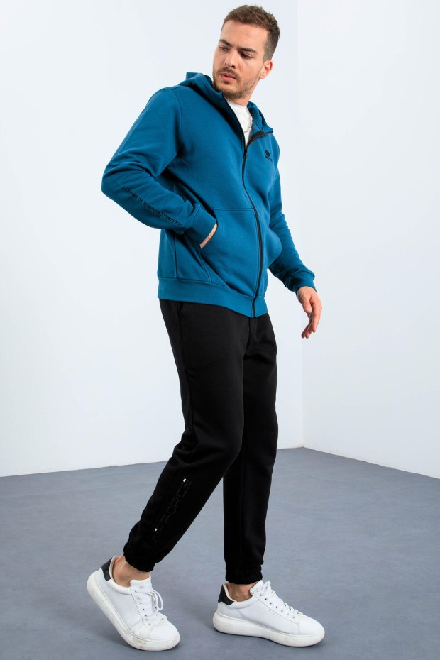 Zümrüt Basic Kapüşonlu Rahat Form Nakış Detaylı Fermuarlı Erkek Sweatshirt - 88035 - Thumbnail