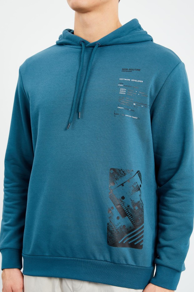 Zümrüt Desen Baskılı Kapüşonlu Rahat Form Erkek Sweatshirt - 88018