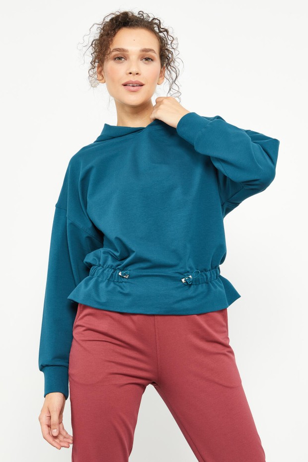 Zümrüt Beli Büzgülü Kapüşonlu Kadın Oversize Sweatshirt - 97159