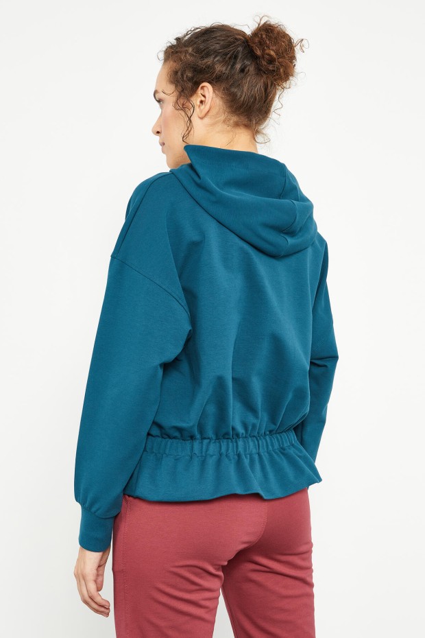 Zümrüt Beli Büzgülü Kapüşonlu Kadın Oversize Sweatshirt - 97159