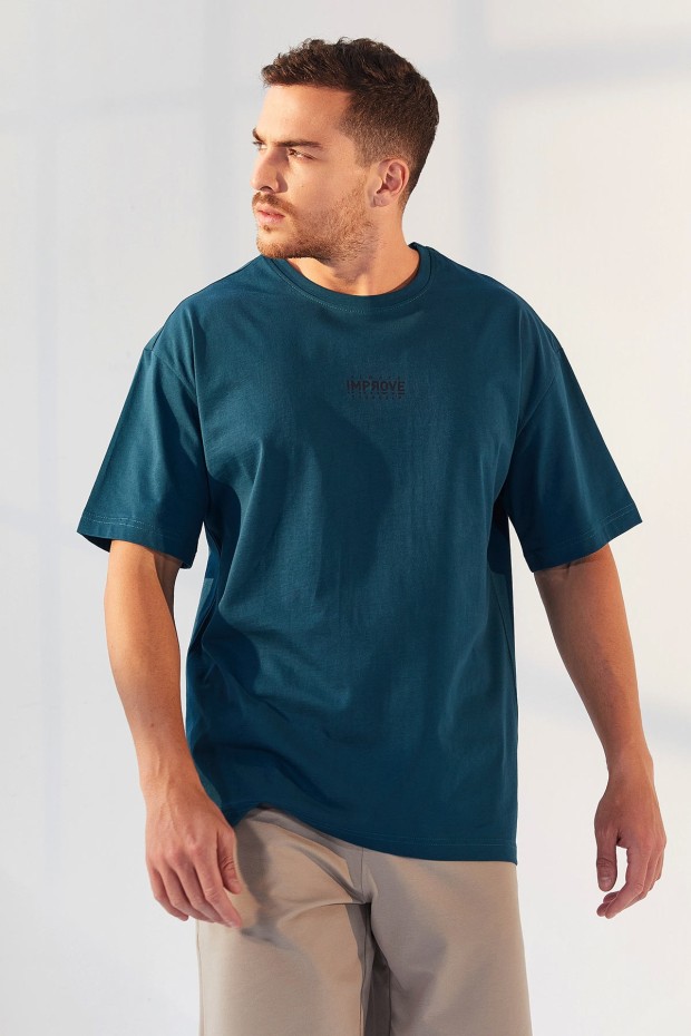 Zümrüt Küçük Yazı Baskılı O Yaka Erkek Oversize T-Shirt - 87985