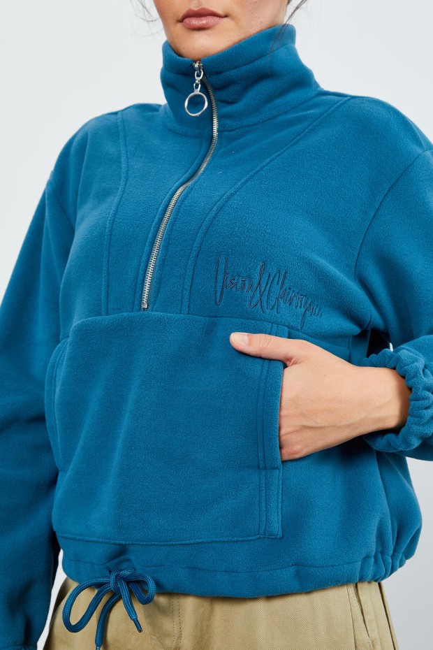 Zümrüt Yarım Fermuar Etek Ucu Büzgülü Kadın Polar Oversize Sweatshirt - 97171