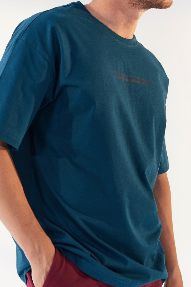 Zümrüt Yazı Baskılı O Yaka Erkek Oversize T-Shirt - 87984