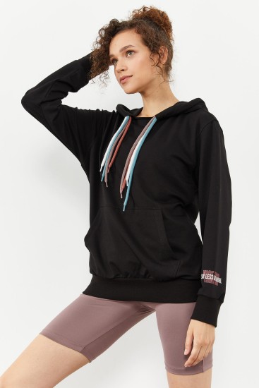 TommyLife - Siyah Dört Renk Bağcıklı Kadın Oversize Sweatshirt - 97157