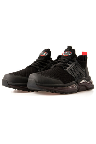 Siyah - Kırmızı Fileli Yüksek Taban Bağcıklı Erkek Spor Ayakkabı - 89108 - Thumbnail
